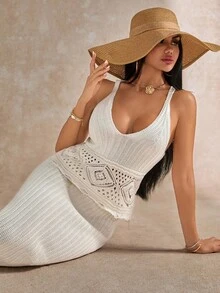 EURMUSE Conjunto de 2 peças de blusa de malha com detalhes vazados e saia de suéter de cor sólida para mulheres - Creme - Ver 5