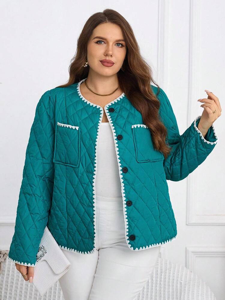 Plus Size Women Winter Elegant Casual Long Sleeve Warm Contrast Trim Quilted Front Button Pocket Padded Coat, Autumn Winter, Going Out, 2025 New , Simple And Fashionable For Everyday Wear Plus Size Coat, Winter Coat, Autumn Winter, Going Out, 2025 New , Simple And Fashionable For Everyday Wear, Plus Size Winter , Thickened Padded Coat, Quilted Coat With Pockets, Christmas For Women , New Year