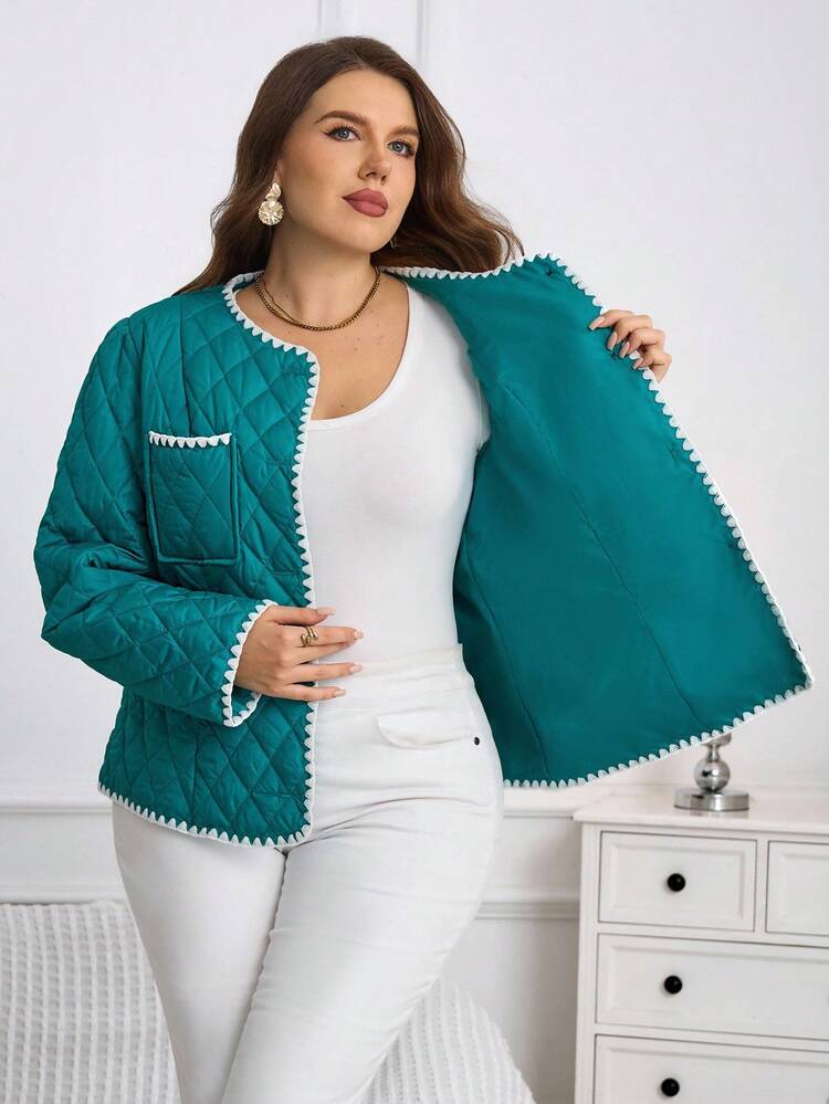 Plus Size Women Winter Elegant Casual Long Sleeve Warm Contrast Trim Quilted Front Button Pocket Padded Coat, Autumn Winter, Going Out, 2025 New , Simple And Fashionable For Everyday Wear Plus Size Coat, Winter Coat, Autumn Winter, Going Out, 2025 New , Simple And Fashionable For Everyday Wear, Plus Size Winter , Thickened Padded Coat, Quilted Coat With Pockets, Christmas For Women , New Year
