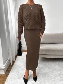 EURMUSE Women's Elegant Mermaid Knit Dress & Top Set - Camel - View 5