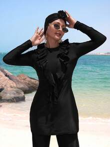 Swim Mulvari 2pcs/Set Black Modest Burkini With Floral Lace Long Sleeve Dress, Flared Pants And Headscarf, Casual Beach Wear For Muslim Women - Black - View 3