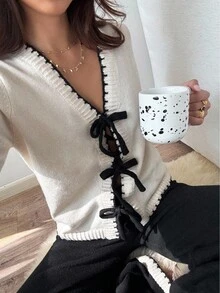 SHEIN Unity 女式休闲时尚撞色蝴蝶结针织开衫和百褶裙两件套，秋冬 - 黑與白 - 查看 1