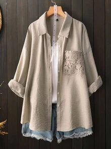 Linhara Large-Sized Woven Casual Vacation Autumn Shirt - Apricot - View 4