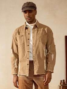 Manfinity Roughcore Men Ripped Frayed Raw Trim Denim Shirt Without Tee - Khaki - View 2