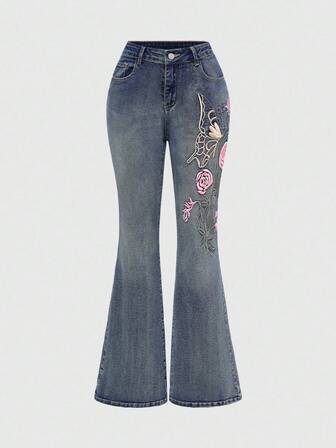 Fairycore Y2K Butterfly Embroidery Distressed Low Waist Flare Jeans