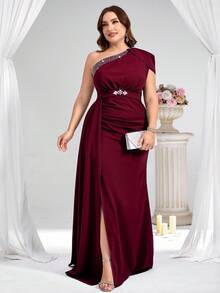 Coutiva Plus Size Formal Evening Gown (Heavily Embellished) - Burgundy - View 6