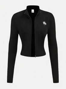 SHEIN 少女休闲弹力拉链修身长袖外套，秋冬季必备基础款外套，适合节日、万圣节、圣诞节、新年等场合，是理想的圣诞礼物之选。这款外套舒适百搭，是秋冬季日常穿着、街头风、居家服的理想之选。 - 黑色 - 查看 5