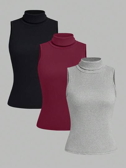 EMERY ROSE 3pcs Women High Neck Solid Color Fitted Casual Tank Top Set