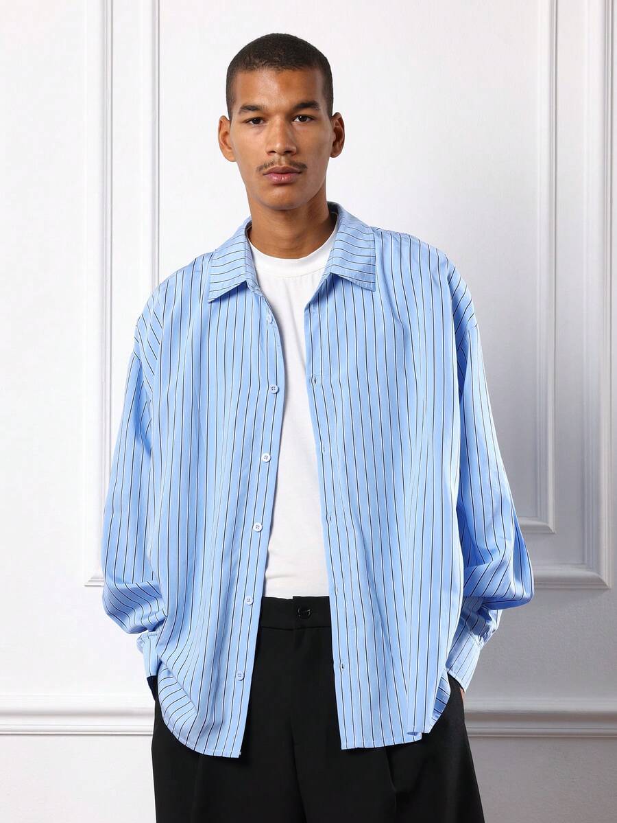 SUMWON 长袖条纹纽扣衬衫商务休闲经典翻领牛津衬衫宽松版型春季必备商务休闲办公室装 - 藍色 - 查看 1