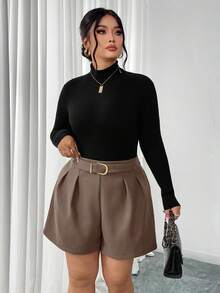 Firerie Plus Size Women Casual Elegant Vacation Versatile All-Match Ruched Metal Decor Button Brown Shorts, Autumn/Winter Brown Short For Women - Brown - View 4