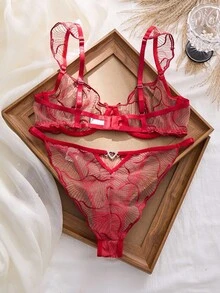 SHEIN 2 件套女士黑色透明刺绣文胸套装，无钢圈无衬垫内衣套装 - 酒紅色 - 查看 2