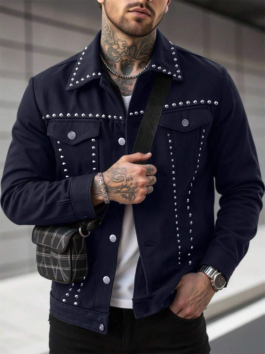 Manfinity LEGND Men's Street Stud Metal Jacket, Out Bomber Gothic Black Long Sleeve Jacket, Gifts For Friends, Husbands, Boyfriends Studded Jacket Men Denim Jacket Men Studded Men Studded Jacket Black Studded Jacket Men Men Dark Jacket - Navy Blue - View 1