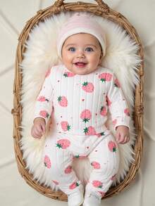 2pcs/Set Newborn Baby Girls Cute Cartoon Strawberry Print Knitted Elastic Ribbed Long Sleeve Top And Elastic Waist Pants, Suitable For Spring, Summer, Autumn And Winter, Suitable For Daily Life And Leisure Fall - Multicolor - View 1