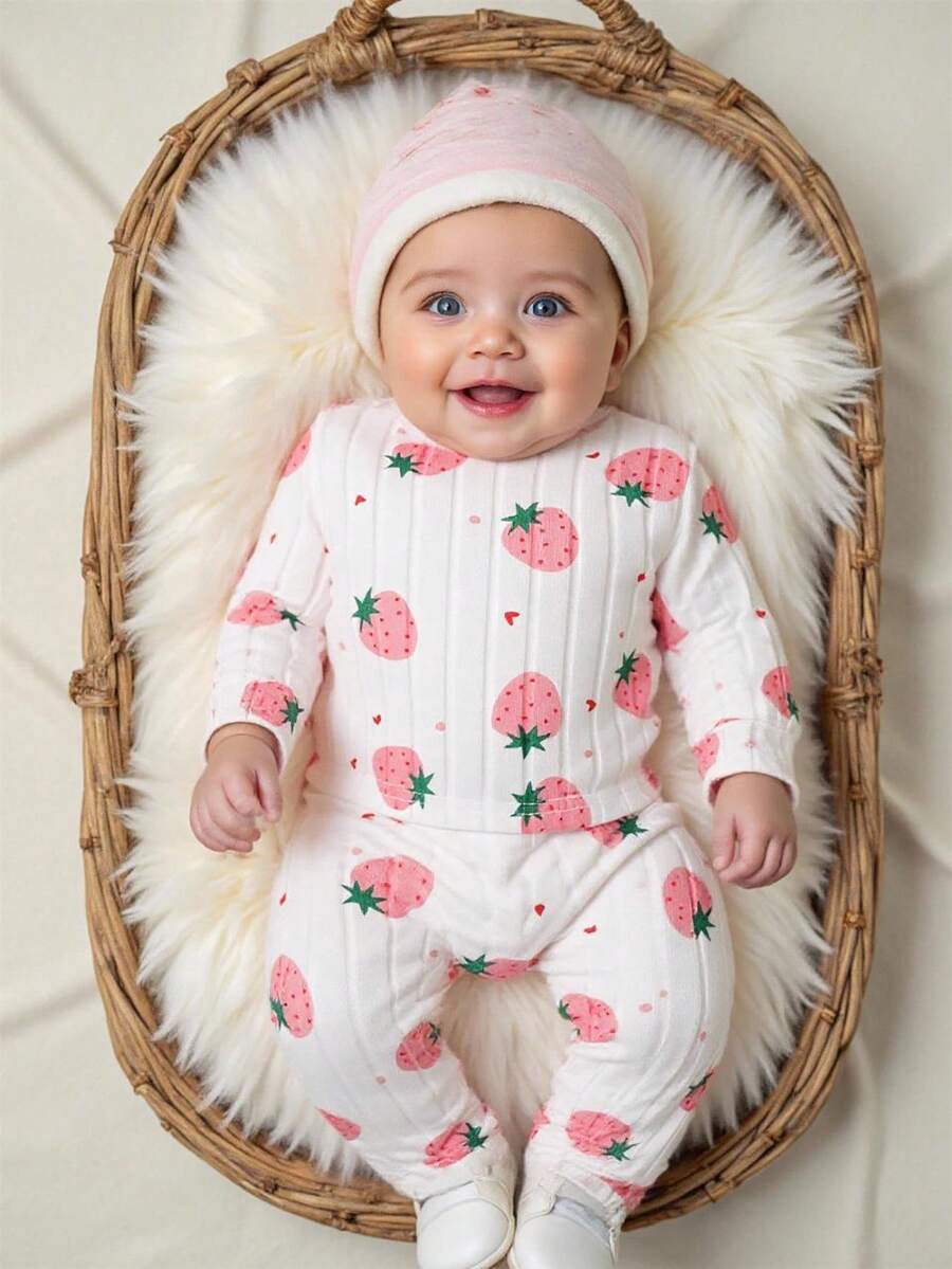 2pcs/Set Newborn Baby Girls Cute Cartoon Strawberry Print Knitted Elastic Ribbed Long Sleeve Top And Elastic Waist Pants, Suitable For Spring, Summer, Autumn And Winter, Suitable For Daily Life And Leisure Fall - Multicolor - View 1