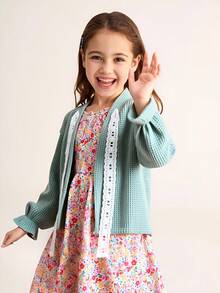 SHEIN Young Girls Long Sleeve Knitted Embroidered Tie Front Blouse Cardigan, Autumn Fall Winter - Multicolor - View 1