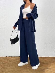 SHEIN Tall Tall系列女装秋季宽松搭配纹理面料两件套 - 藏蓝色 - 查看 4