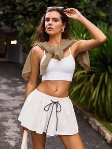 SHEIN BASICS 休闲纯色圆领长袖宽松短款女式毛衣开衫秋冬女装 - 駝色 - 查看 2