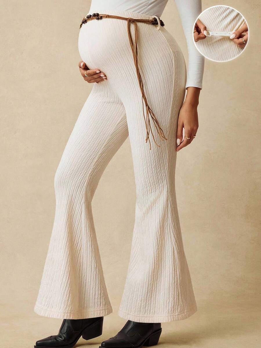 Boho Mama 秋季服装，秋季服装，孕妇装秋季服装孕妇装孕妇高腰合身纹理可调节腰部裤子孕妇裤孕妇裤白色喇叭裤孕妇装孕妇装波西米亚风裤子 - 米色 - 查看 1