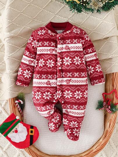 新生儿圣诞主题长袖连脚连体衣，款式可爱，采用毛绒面料和圣诞元素