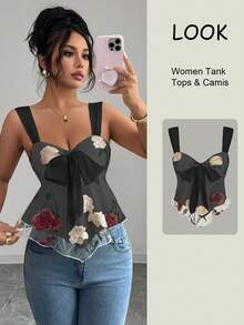 Elenzga Embroidered Fabric Chest Bowknot Waist Splice Asymmetrical Hem Women Camisole - Black - View 1