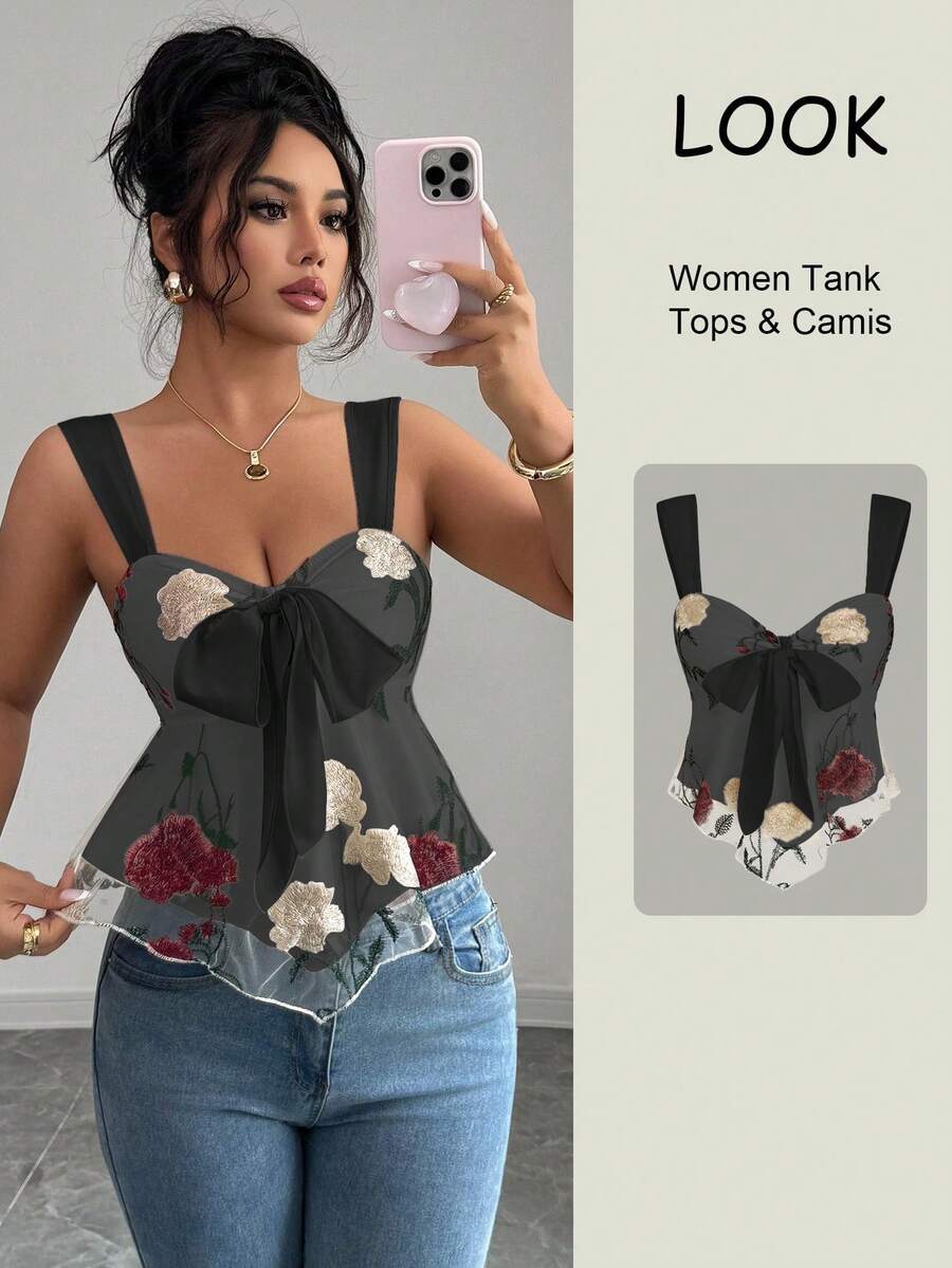 Elenzga Embroidered Fabric Chest Bowknot Waist Splice Asymmetrical Hem Women Camisole - Black - View 1
