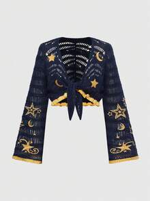 ROMWE Bộ 2 món áo khoác cardigan họa tiết ngôi sao và mặt trăng cổ điển Hippie và chân váy ngắn màu tương phản - Màu xanh lam - Xem 5