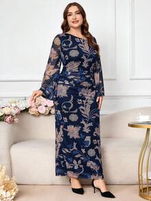 Modelyn 大码女式优雅花卉印花不对称领口荷叶边喇叭袖合身弹力连衣裙 - 藍色 - 查看 7