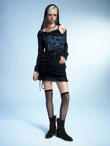 Sugerpunk Brown Vintage Pointed Toe Chunky Heel Lace-Up Side Zipper Mid-Calf Boots - Black - View 7