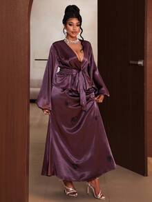 Maweii Plus Size Ladies Elegant Party Solid Color Elegant Delicate Long Sleeve Two-Piece Set - Purple - View 1
