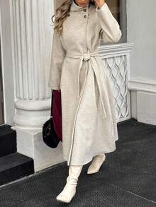 Xyvia 秋冬女装休闲高领纽扣腰带中长款毛呢大衣，老钱风女装/女士办公装/外出装，女士秋装 - 杏色 - 查看 5