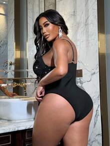 NU&NOW Plus Size Women's Polka Dot Mesh Patchwork Sexy Bodysuit, Suitable For Everyday Wear