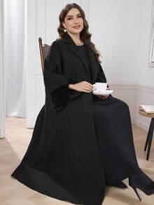 Al Najma Abaya holgada de mujer de talla grande con parches de peluche, abaya elegante y abierta para uso casual diario - Negro - Ver 5