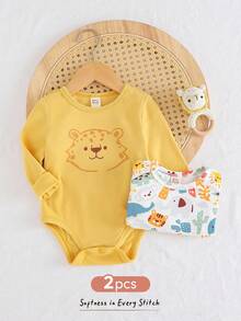 Cozy Pixies 2pcs Baby Cartoon Animal Print Soft Knit Crew Neck Long Sleeve Bodysuit, Versatile & Comfortable For Baby Boys & Girls Lion Baby Clothes Baby Clothes Cartoon Baby Clothes New Born Yellow Clothes New Born Clothes Unisex Fall Winter - Multicolor - View 3
