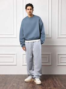 SUMWON 短款圆领卫衣，宽松落肩休闲套头衫，金属孔眼细节，经典百搭，秋冬居家休闲街头风纯色款 - 藏蓝色 - 查看 4