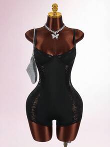 Amplova 性感撞色蕾丝束腰女式连体衣 - 黑色 - 查看 2
