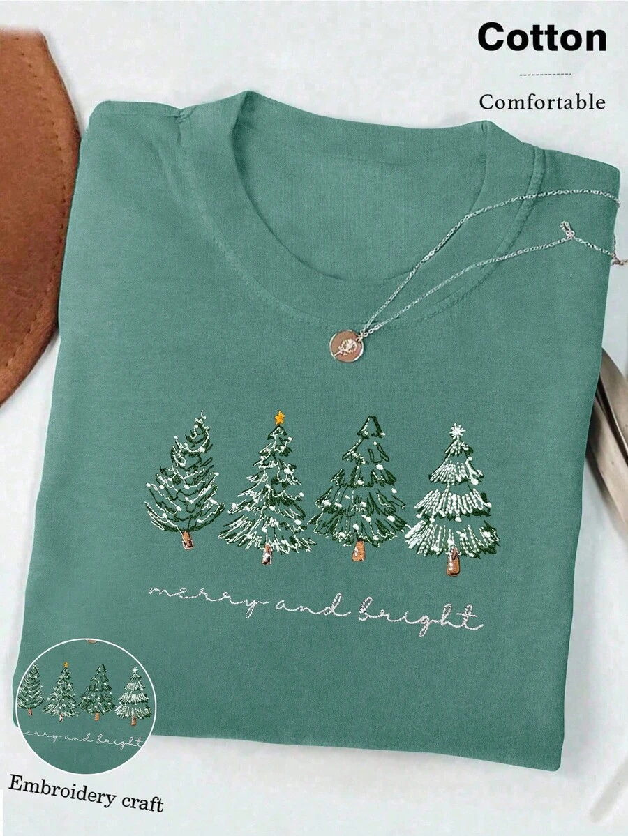 INAWLY Áo thun cổ tròn tay ngắn in hình cây thông Noel cỡ lớn dành cho nữ - Màu xanh Cadet - Xem 1