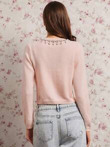 Enchnt Cardigan casual da donna con collo rotondo, maniche raglan e ricamo floreale monopetto - Rosa - Visualizzare 7