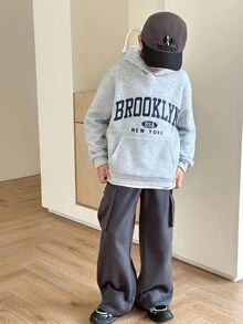 SHEIN 儿童/青少年男童休闲宽松直筒纯色运动裤，适合通勤、上学、日常休闲、旅行、运动、春夏/秋冬