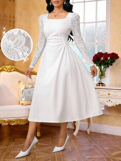 SHEIN Lady Women's Square Neck Contrast Lace Long Sleeve Ruched Waist Elegant Mid-Length Dress Wedding