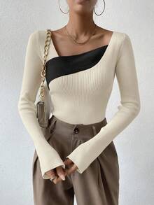 Chiquease Áo len ôm cổ bất đối xứng thường ngày đi làm cho nữ, mùa thu - Màu be - Xem 3