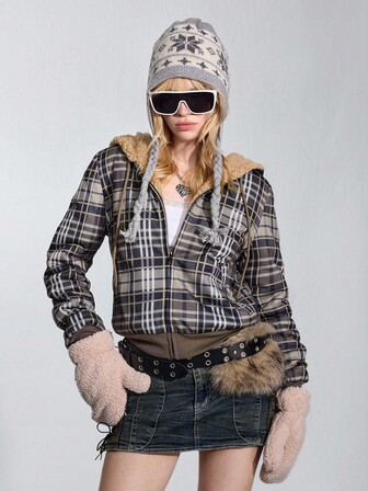 ROMWE Avant Sudadera con capucha a cuadros casual de estilo Y2K para mujer