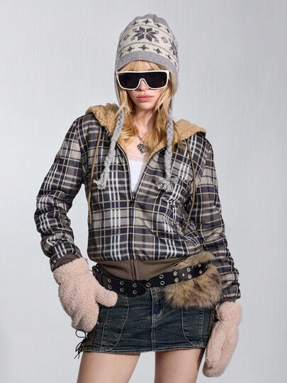 ROMWE Avant Y2K Casual Plaid Hooded Sweatshirt Sweatshirt For Women