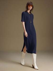 Ontre 女士宽松侧开衩半袖针织连衣裙，百搭百搭商务休闲连衣裙，优雅婚礼宾客连衣裙，秋冬 - 藏蓝色 - 查看 7