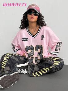 Bộ áo nỉ cổ chữ V cỡ lớn in họa tiết rằn ri và quần ống rộng cho bé gái tuổi teen, phong cách Y2K, trang phục thường ngày dạo phố, phù hợp cho mùa xuân và mùa thu - Hồng - Xem 5