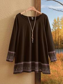 Rusticease 大码复古时尚宽松休闲圆领T恤，秋冬季乡村风格女款，适合乡村音乐会穿着 - 棕色 - 查看 8