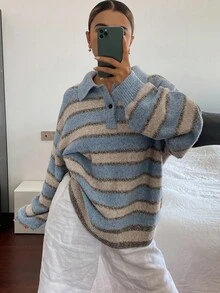 Livesso 女式休闲条纹纽扣长袖毛衣 - 藍色 - 查看 4