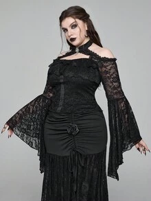 ROMWE EDITION Áo bó sát tay loe hở vai phối ren Gothic cỡ lớn dành cho nữ - màu đen - Xem 7