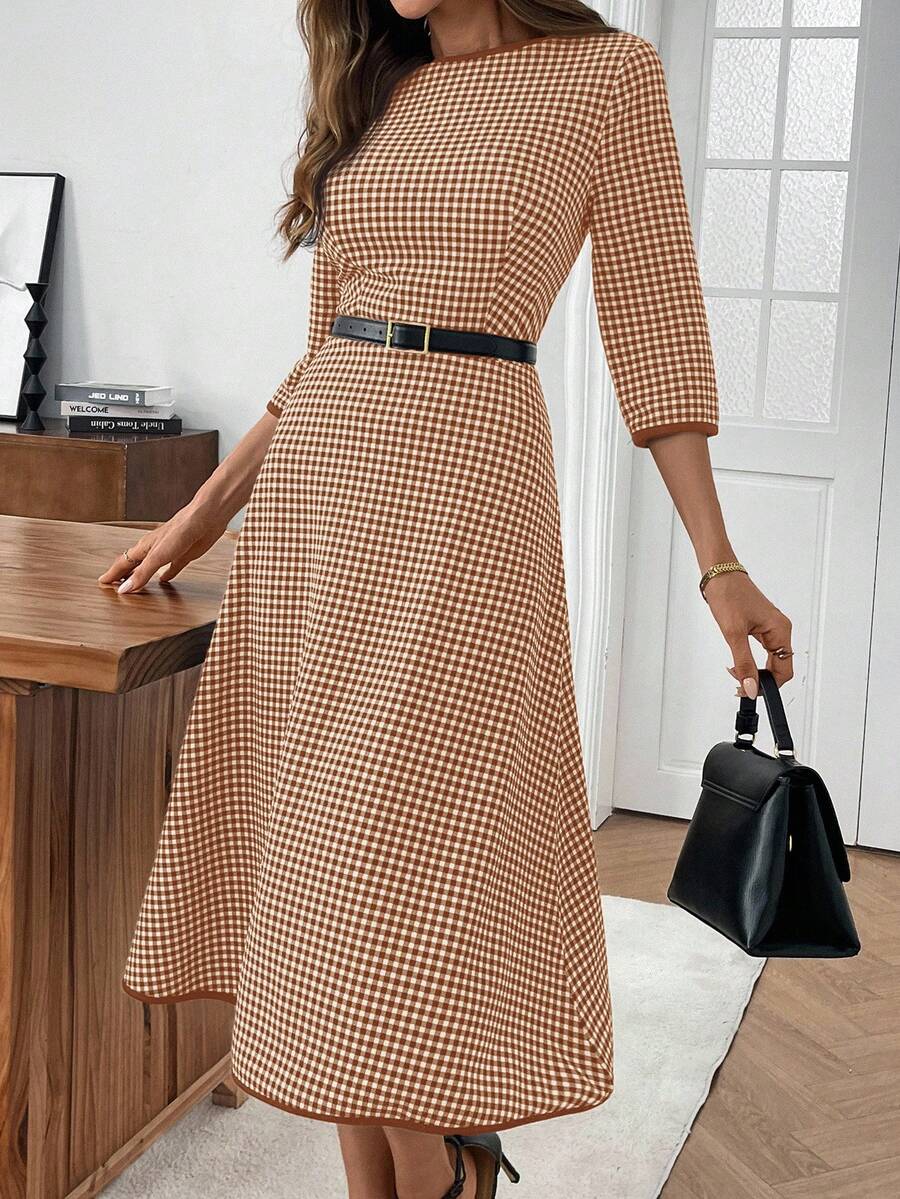 EMERY ROSE Vestido midi elegante de oficina con cuello redondo y estampado de cuadros para mujer - Marrón - Ver 1