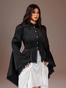 Rustia Plus Size Elegant Solid Color Bell Sleeve Blouse
