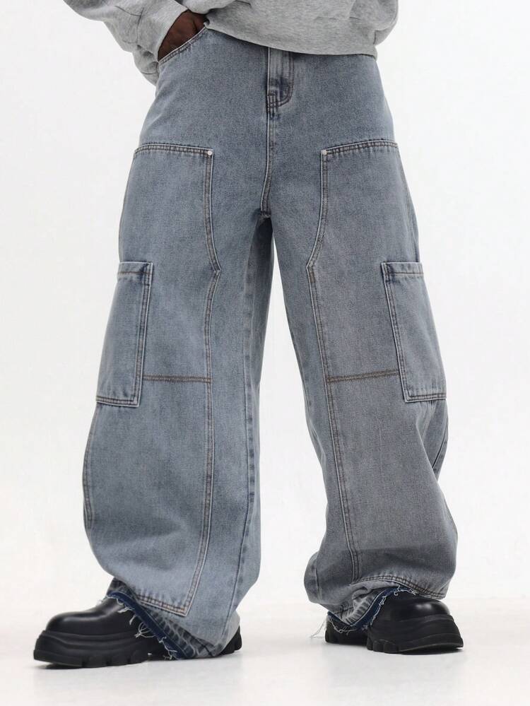 Wide Leg Cargo Denim Jeans With Side Pockets